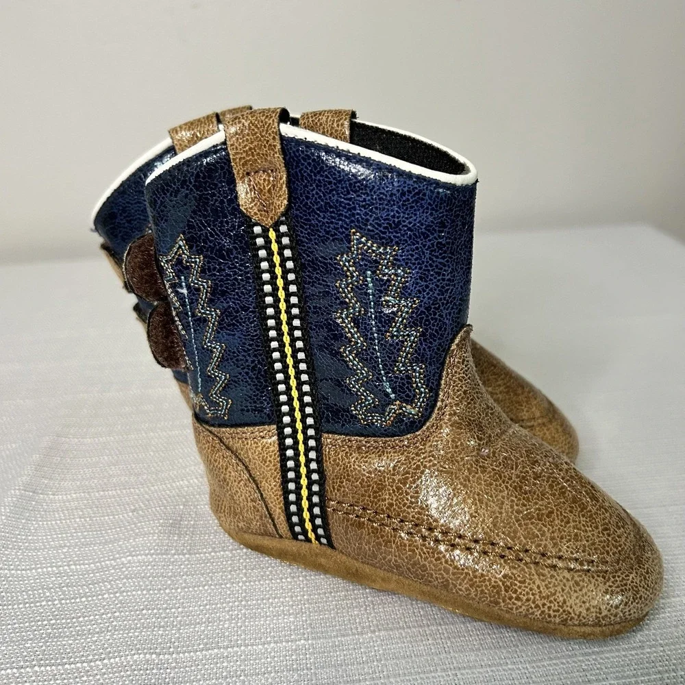 Old West Baby Infant Toddler Cowboy Boots Size 4 Navy Tan Western‎ Soft Sole